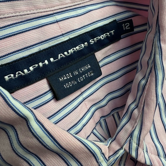 Ralph Lauren Ruffled Button Down Striped Blouse Size 12 100% Cotton - Picture 7 of 7
